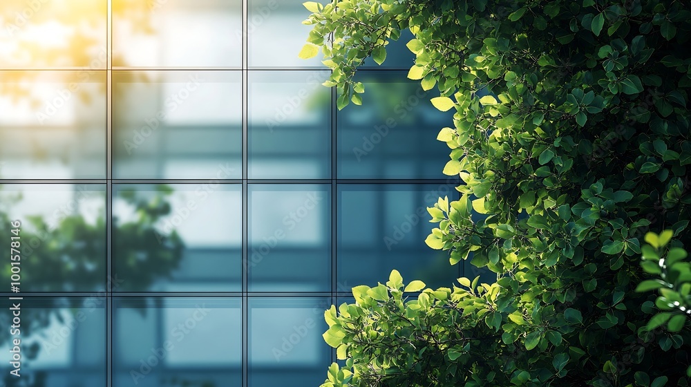 Poster sustainable green building ecofriendly building sustainable glass office building with tree for redu