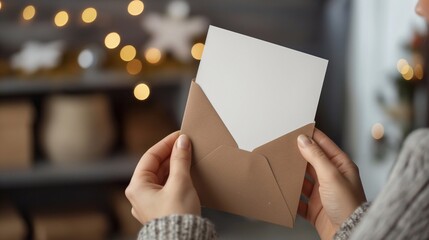 Woman holding a christmas card with a craft paper envelope in a festive interior, mockup background ready to send warm wishes for the holiday season. Happy New Year Merry Christmas congratulations