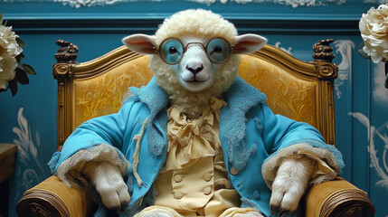A sheep in a blue suit and round glasses sits in a fancy chair.