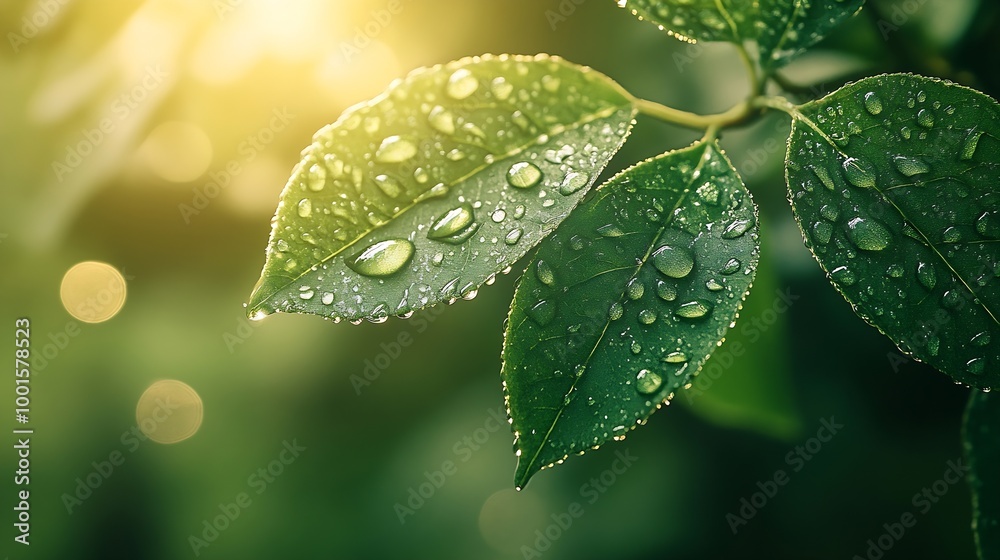 Aufkleber large beautiful drops of transparent rain water on a green leaf macro drops of dew in the morning gl