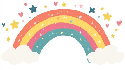 A charming rainbow arches above fluffy clouds, stars, and hearts adding playful charm