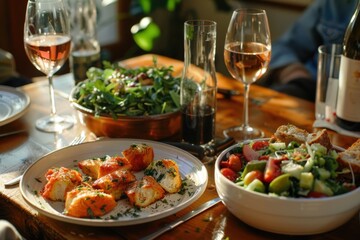 A table with a variety of food and drinks, including a salad, a plate of meat, generative ai image © shobakhul