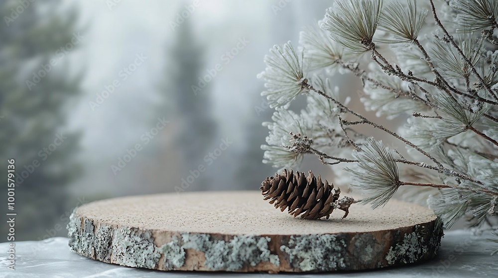 Poster abstract north nature scene with a composition of lichen pine branches and dry snags place your prod