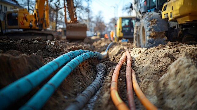Various electrical cables dug out from the ground on the street laying underground  for technical work at the construction site : Generative AI