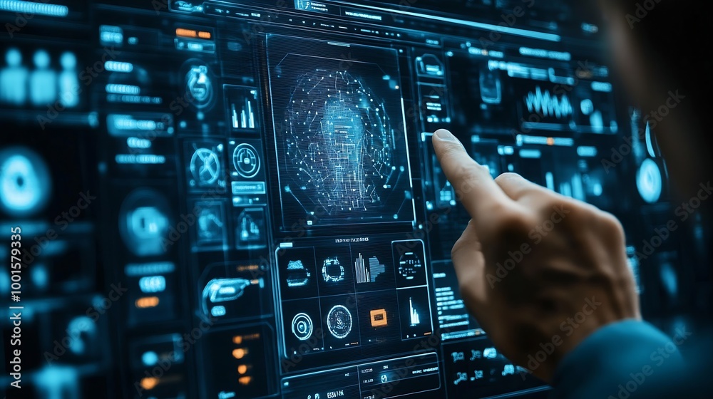 Poster Interactive KYC compliance interface with the user Business professional interacting with a Know Your Customer KYC compliance and security interface on digital screen Identity verifica : Generative AI