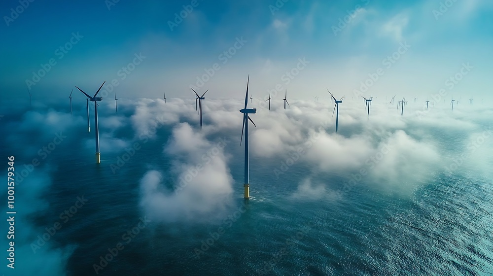 Aufkleber offshore windmill park with clouds and a blue sky windmill park in the ocean aerial view with wind t