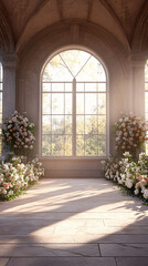 Large arched window lets in sunlight, illuminating a flower-adorned wedding venue