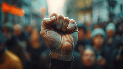 A person holding up their fist as a symbol of protest or defiance, often used to represent a strong statement against something