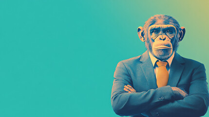 Chimpanzee in a suit with arms crossed, looking serious.