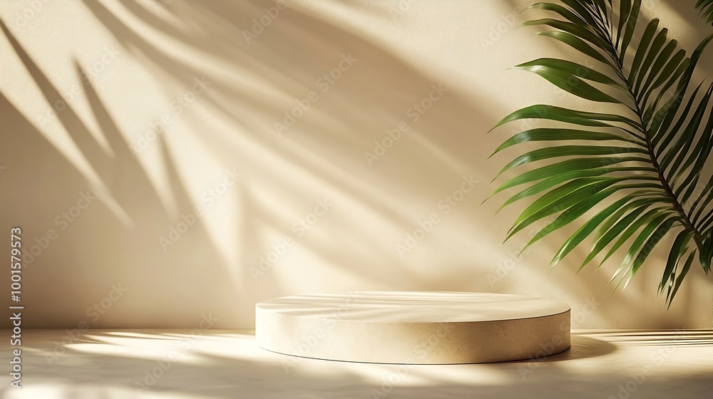 Aufkleber beige background for product presentation with shadow of tropical palm leaves and light podium stage