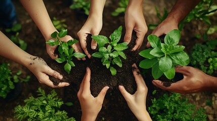 A diverse group of sustainable people holding plants in an eco friendly environment for nature conservation Closeup of hands planting in fertile soil for sustainability and organic far : Generative AI