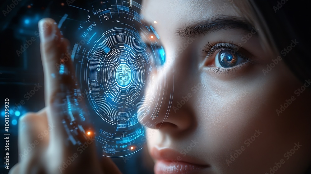 Poster Biometrics security system Woman using fingerprint identification to access personal financial data on mobile phone mobile banking app biometrics cyber security innovation technology : Generative AI