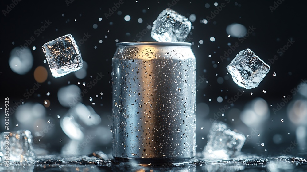 Poster Empty aluminium can mockup with flying ice cubes and splash isolated on black background : Generative AI