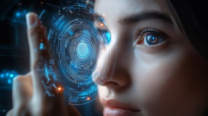 Biometrics security system Woman using fingerprint identification to access personal financial data on mobile phone mobile banking app biometrics cyber security innovation technology : Generative AI