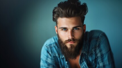 Obraz premium Young man with a beard and blue eyes poses in casual attire indoors