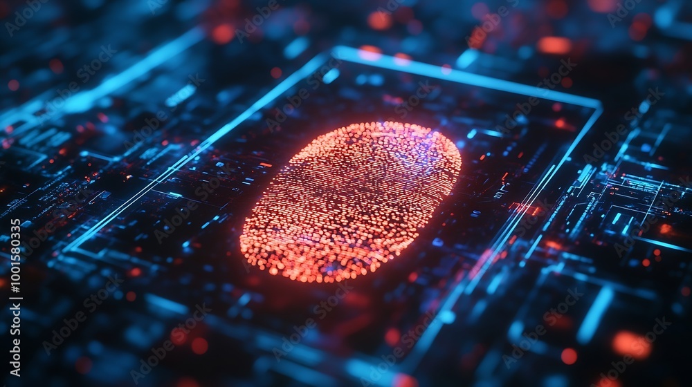 Aufkleber Fingerprint scan provides security access with biometrics identificationFuturistic Technology in smart business high efficiency using ai artificial intelligenceRPA5gbig dataiotvrmixed  : Generative AI