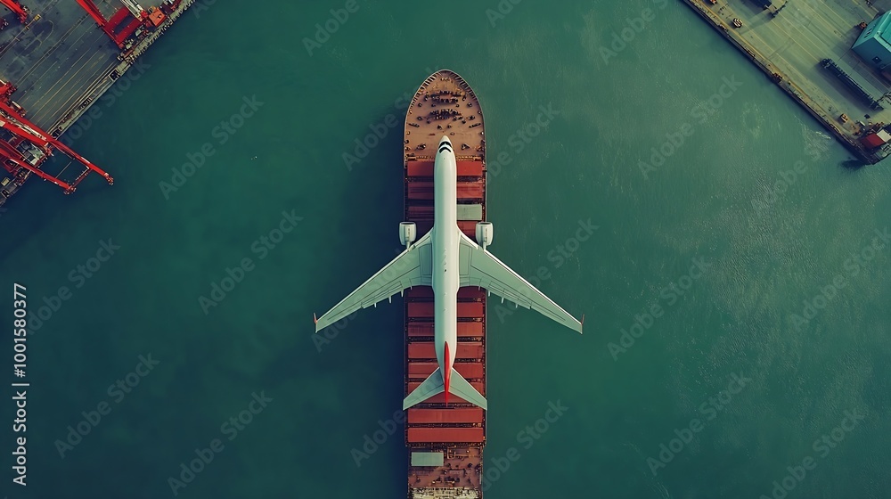 Aufkleber aerial view and top view cargo plane flying above ship port in the export and import business and sm