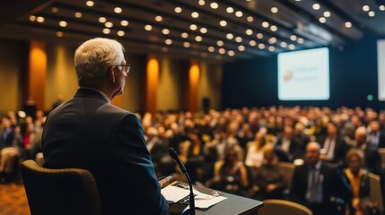 Speaker addresses a large audience at a conference in a hotel