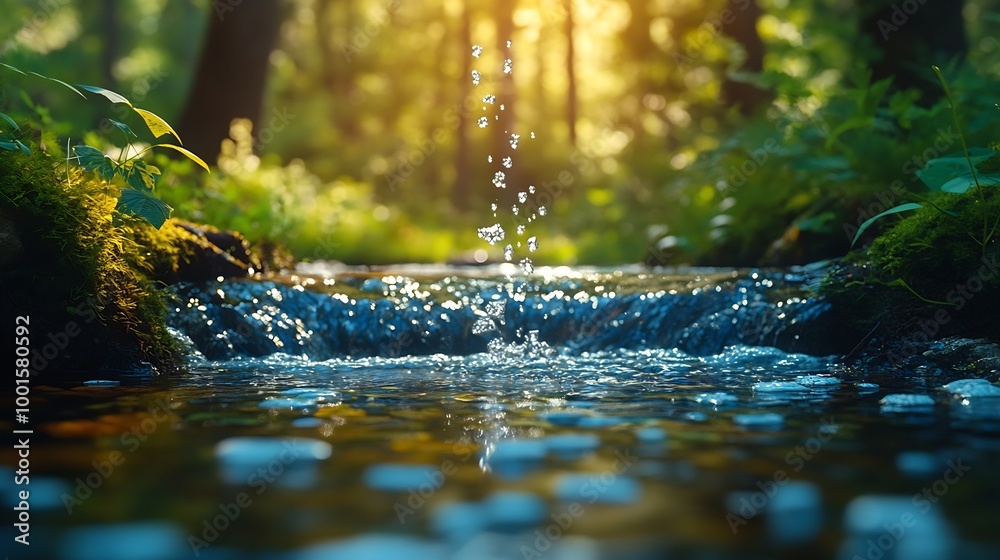 Poster Spring background Stream of water in the forest : Generative AI