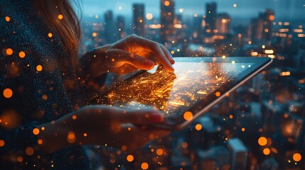 Digital marketing data exchange global business Businessman using digital tablet computer double exposure with smart city online marketing data transfer global internet network technol : Generative AI