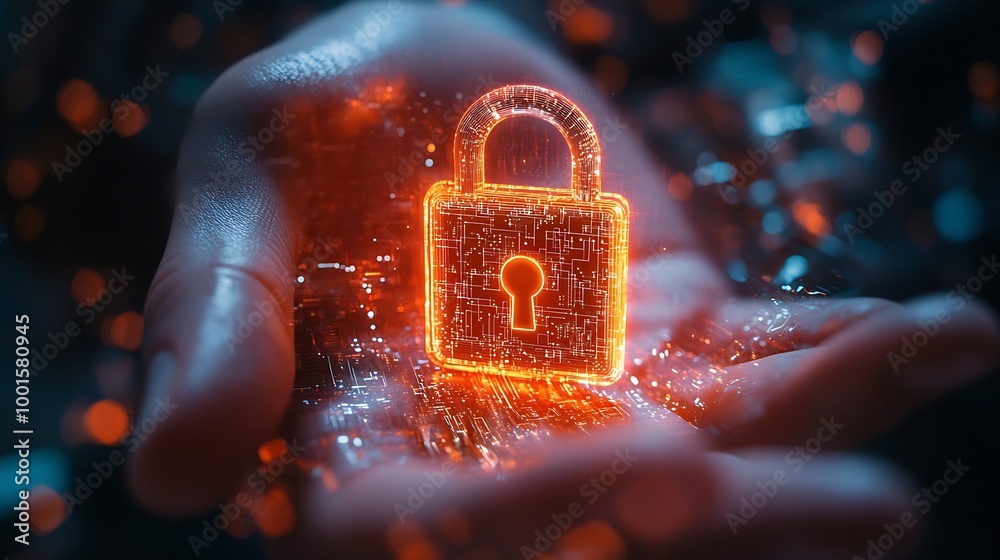 Poster Cyber security Hand hold digital padlock Login verified identity credentials on network of data protection technologyOnline internet authorized access against cyber attack and business : Generative AI