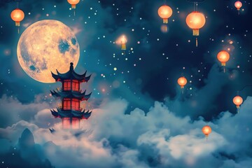 A serene night scene with lanterns and a full moon, great for use in romantic or mystical settings