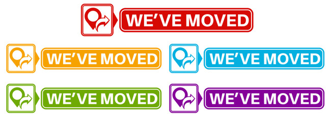 set we have moved sticker labels. change new location icon design template vector illustration