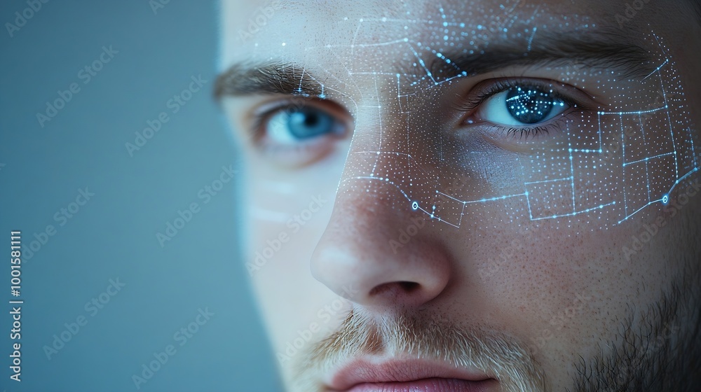Aufkleber Facial recognition system Man with digital biometric grid and personal data on grey background : Generative AI