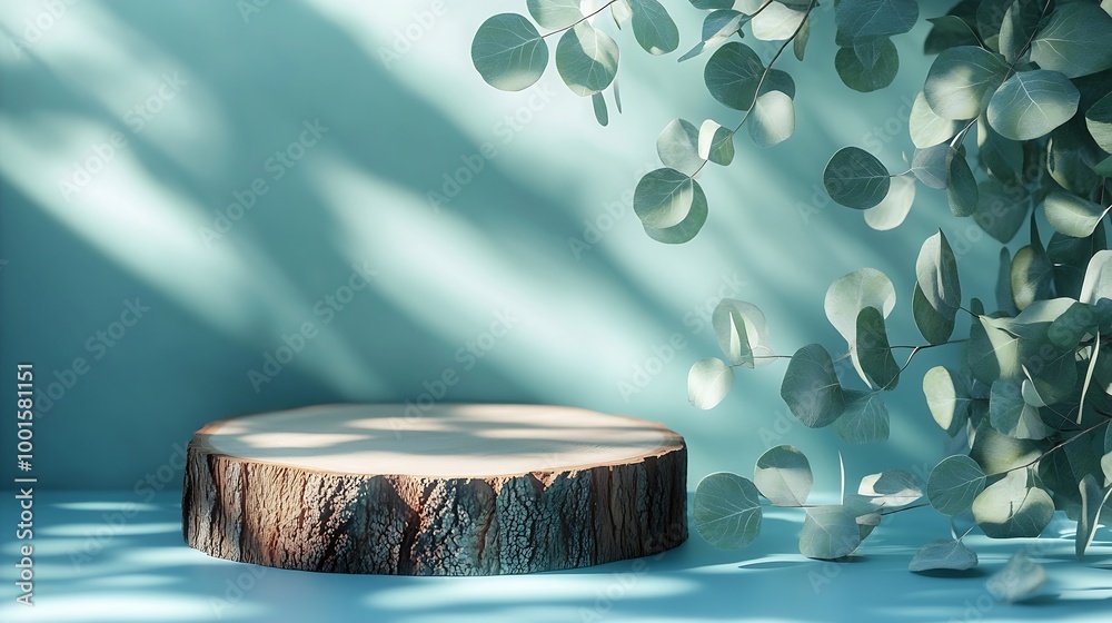 Leinwandbilder abstract empty wood slice podium with eucalyptus leaves and shadows on blue background mock up stand