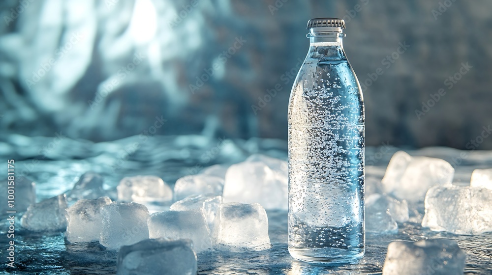 Poster a glass bottle with cold natural drinking water stands on an ice podium against a background of tran