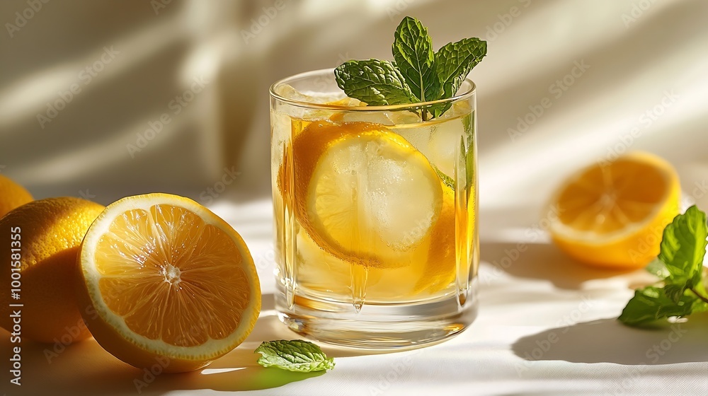 Aufkleber Iced drink with lemon mint in a glass on a on a light background with shadow and citrus fruits The concept of a cold tea or lemonade on a hot summer day Front view : Generative AI