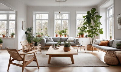 A living room with large windows, wooden furniture, and plants, featuring a gray sofa and comfortable wicker chairs