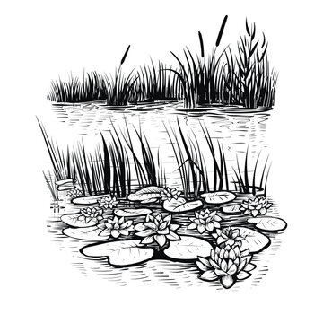 Vector sketch of waterlilies on the swamp or river, landscape with waterplants silhouettes by the water's edge.