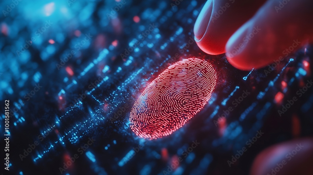 Poster Biometric security network privacy data protection Businessman using fingerprint identification to access personal financial data cybersecurity technology against digital cyber crime : Generative AI