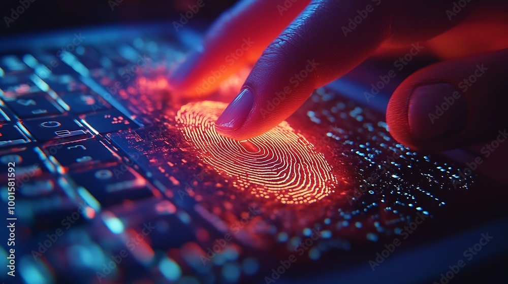 Poster Double exposure of abstract creative fingerprint hologram with hands typing on laptop on background research and development concept : Generative AI
