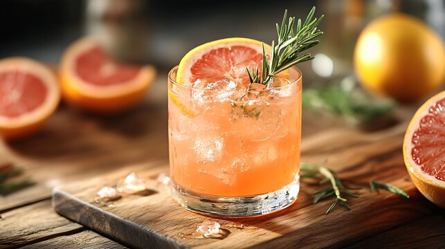 Grapefruit cocktail with rosemary garnish in a glass served on a wooden cutting board Vibrant refreshing drink perfect for summer menu or cocktail recipes Greyhound lemonade paloma moc : Generative AI