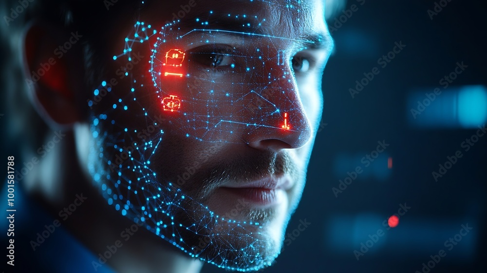 Aufkleber Facial recognition biometric security system cyber security network technology data protection concept Businessman using digital tablet with face scanning unlocked to access personal d : Generative AI