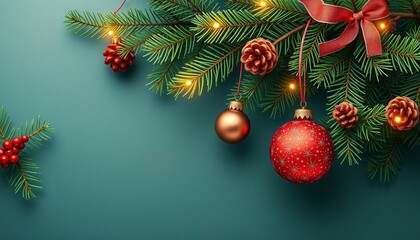 Christmas and New Year Greetings with Fir Branches and Pinecones, Ai generated Images