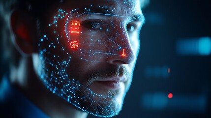 Facial recognition biometric security system cyber security network technology data protection concept Businessman using digital tablet with face scanning unlocked to access personal d : Generative AI