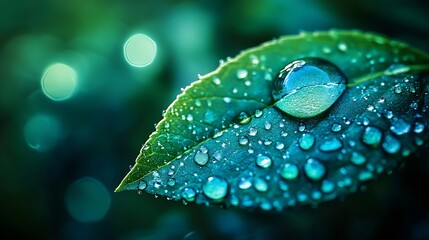 Large drop water reflects environment Nature spring photography  raindrops on plant leaf Background image in turquoise and green tones with bokeh : Generative AI
