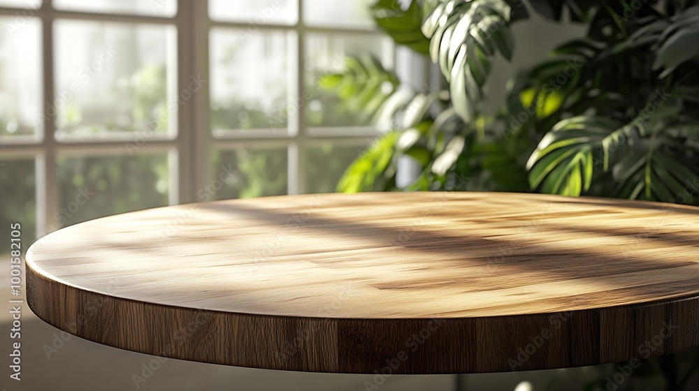 Poster empty beautiful round wood table top counter on interior in clean and bright with shadow background 