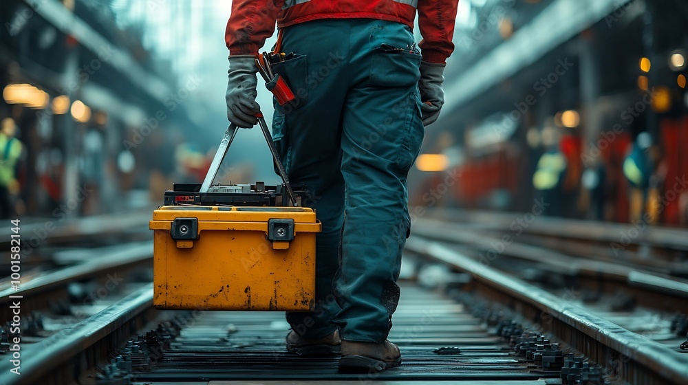 Aufkleber back technician or engineer holding tool box for fixing the train at construction site : generative 