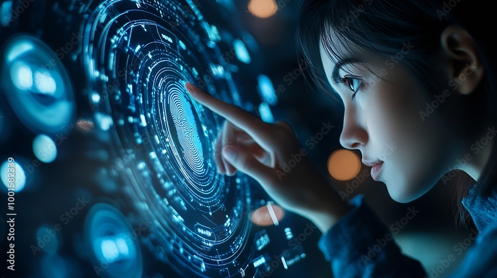 Poster Biometric security system Woman uses fingerprint to access personal financial information on Banking app on virtual screen Biometric cyber security innovation technology : Generative AI