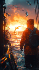 Fototapeta premium Fisherman watches the sunset over the ocean, gulls circling overhead.