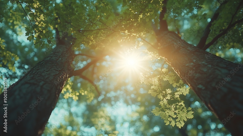 Aufkleber spring sun shining through canopy of tall trees woods sunlight in forest summer nature upper branche