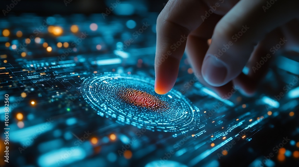 Aufkleber Cyber security network Data protection Business man using mobile phone for digital banking with fingerprint biometric network security technology cloud computing data encryption cybers : Generative AI