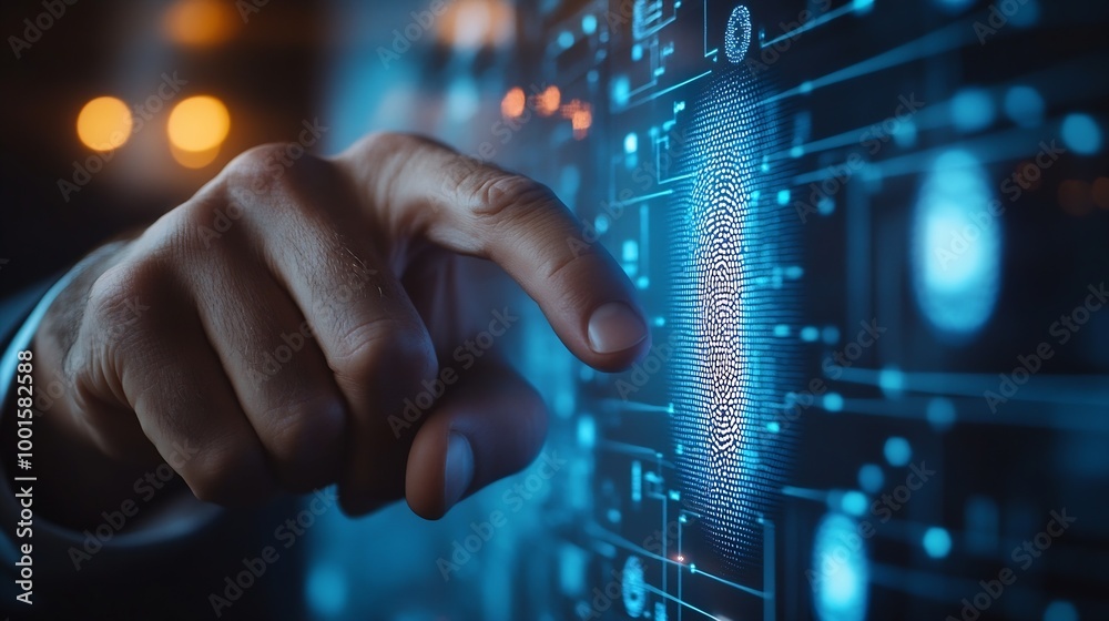 Poster Businessman using fingerprint identification to access personal financial data Idea for Ekyc electronic know your customer biometrics security innovation technology against digital cyb : Generative AI