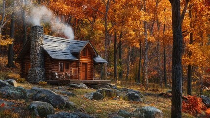 Cozy cabin in the woods with smoke rising from the chimney, surrounded by autumn trees