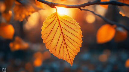 Obraz premium En gros plan, des feuilles d'érable aux couleurs automnales – jaune, rouge et orange – scintillent sous la lumière d'un coucher de soleil. Ce feuillage lumineux et coloré évoque la beauté naturelle de