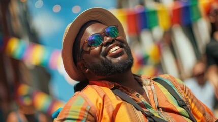 Fototapeta premium A person wearing a hat and sunglasses smiles, conveying happiness and confidence